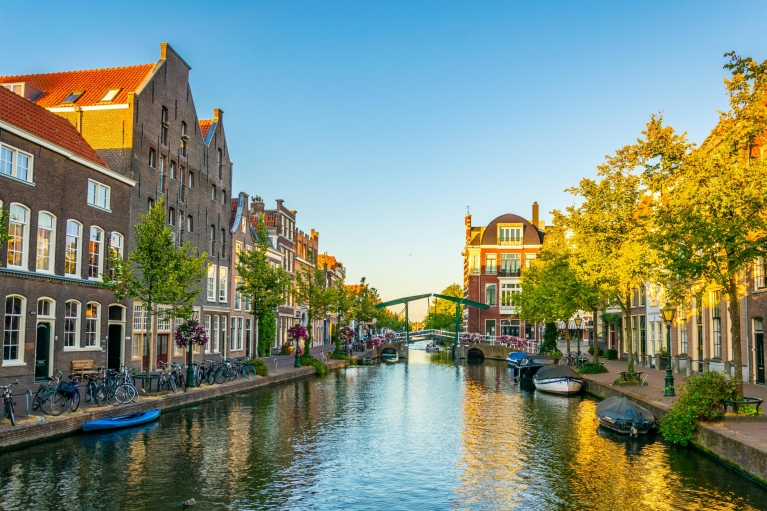 One of Leiden's canals at sunset