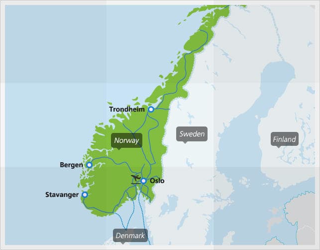 Map with main train connections in Norway