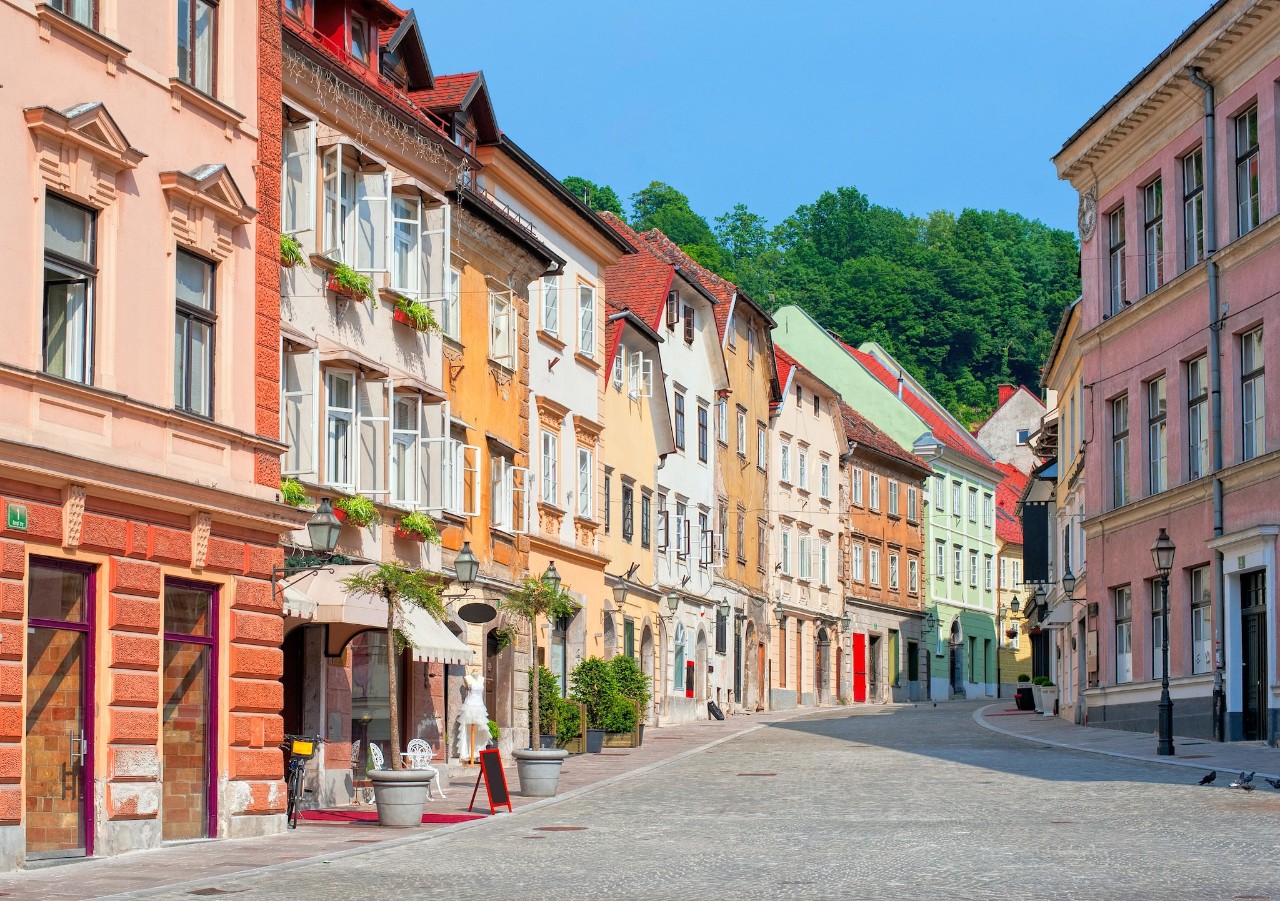 Colorful facades of Ljubljana's Old Town on a sunny day