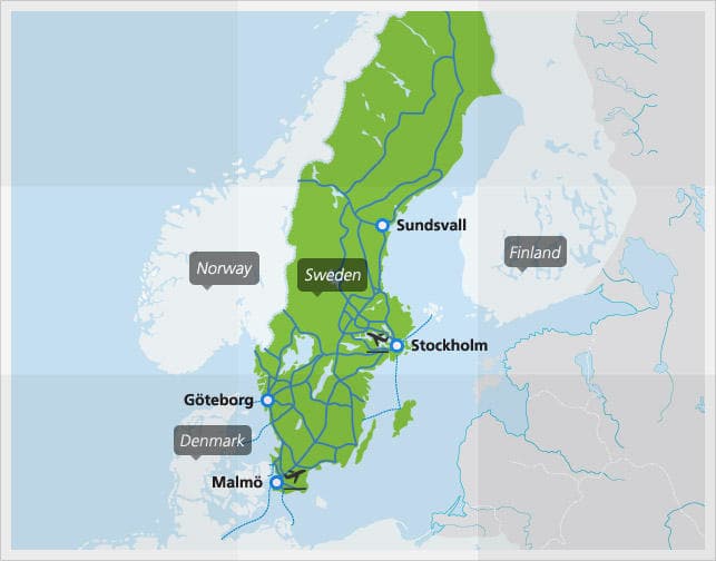 Map with main train connections in Sweden