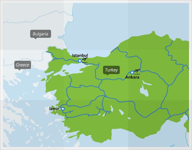 Map with main train connections in Turkey