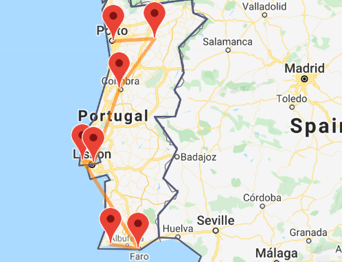 A map of a train route through Portugal